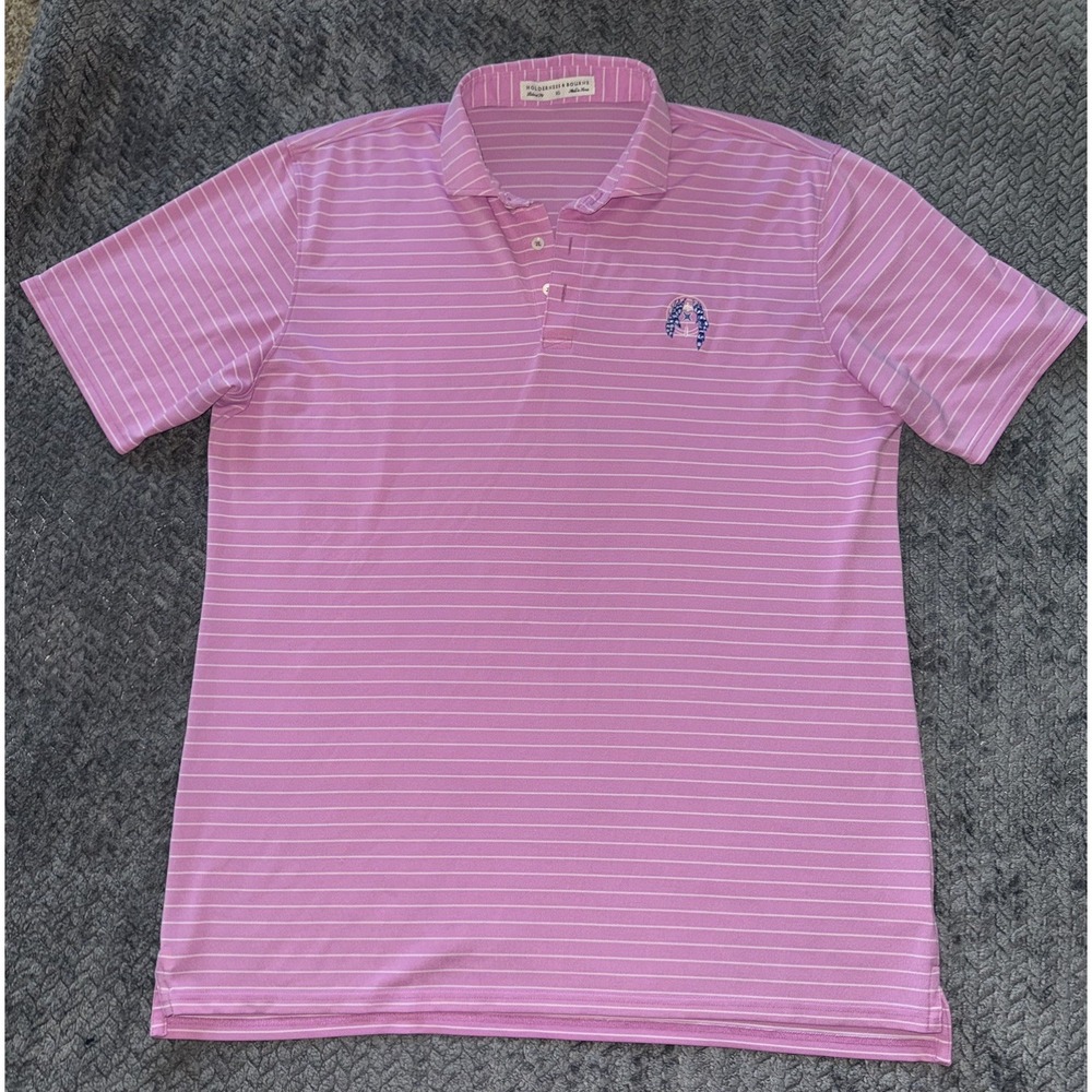 Holderness & Bourne Men's Polo Shirt Tailored Fit Pink White Striped Stretch XL
